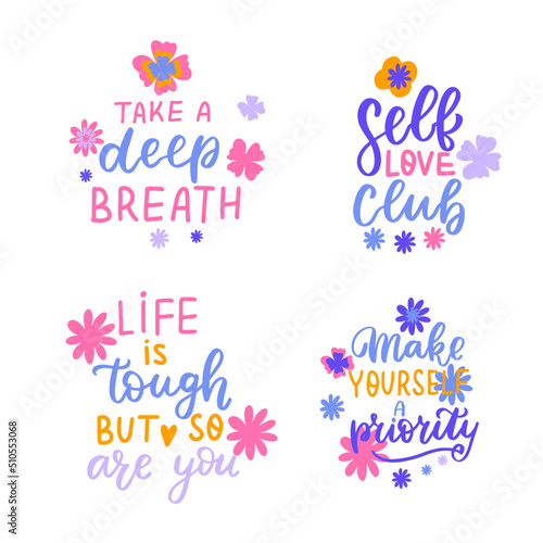 Take a deep breathe. Self love club. Flowers feminine mental health design. Naive groovy retro flowers inspirational stickers. Psychology awareness handwritten positive self-care inspirational quote.