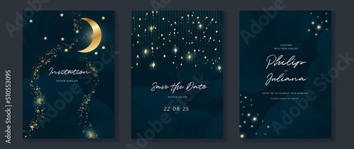Galaxy themed wedding invitation vector template. Collection of luxury save the date card with watercolor, moon, gold sparkle. Starry night cover design for background, greeting, brochure, flyer.