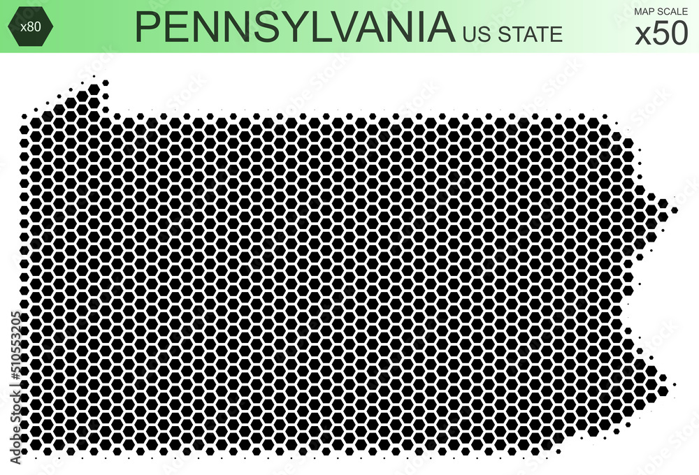 Dotted map of the state of Pennsylvania in the USA, from hexagons, on a scale of 50x50 elements