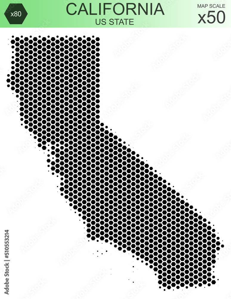 Dotted map of the state of California in the USA, from hexagons, on a scale of 50x50 elements. With smooth edges in black on a white background. With a dotted element size of 80 percent.