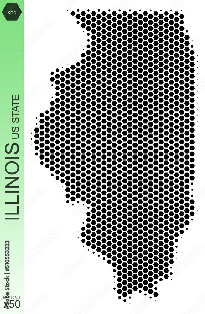Dotted map of the state of Illinois in the USA, from hexagons, on a scale of 50x50 elements. With smooth edges in black on a white background. With a dotted element size of 80 percent.