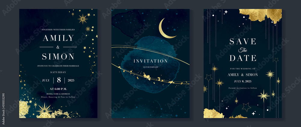 Galaxy themed wedding invitation vector template. Collection of luxury save the date card with watercolor, moon, gold sparkle. Starry night cover design for background, greeting, brochure, flyer. - obrazy, fototapety, plakaty 