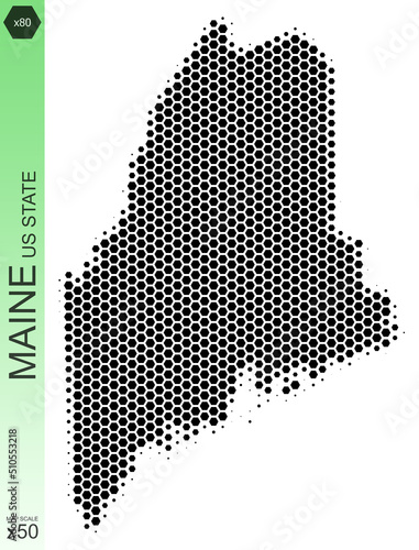 Dotted map of the state of Maine in the USA, from hexagons, on a scale of 50x50 elements. With smooth edges in black on a white background. With a dotted element size of 80 percent.