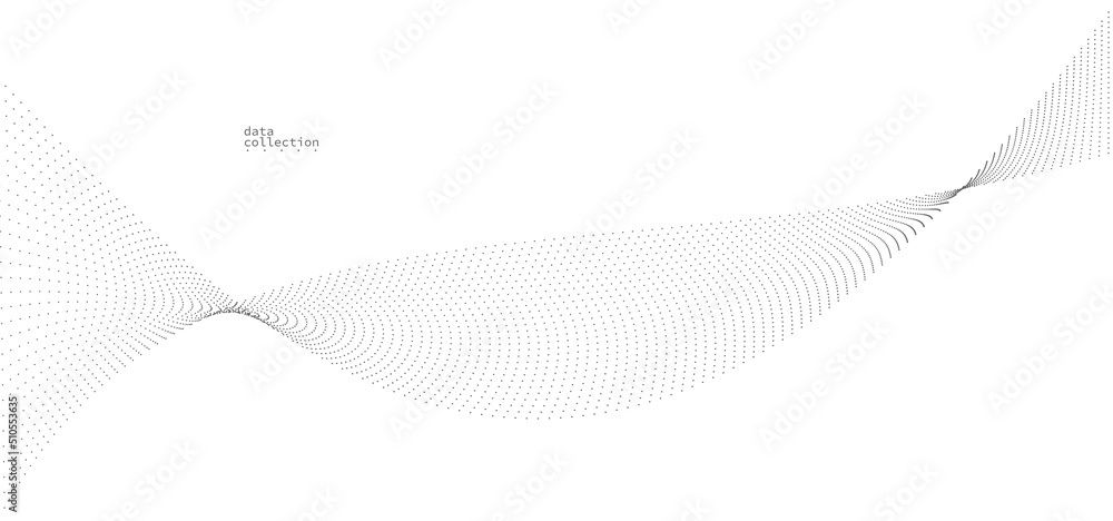 Light grey abstract background, vector wave of flowing particles, curvy lines of dots in motion, technology and science theme, airy and ease futuristic illustration. Light grey abstract background, vector wave of flowing particles, curvy lines of dots in motion, technology and science theme, airy and ease futuristic illustration.