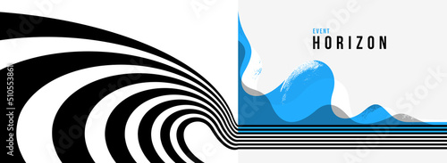 3D black and white lines in perspective with blue elements abstract vector background, linear perspective illustration op art, road to horizon.