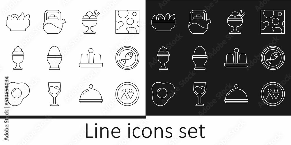 Set line Toilet, Served fish on a plate, Ice cream in bowl, Chicken egg stand, Nachos, Salt pepper and Kettle with handle icon. Vector