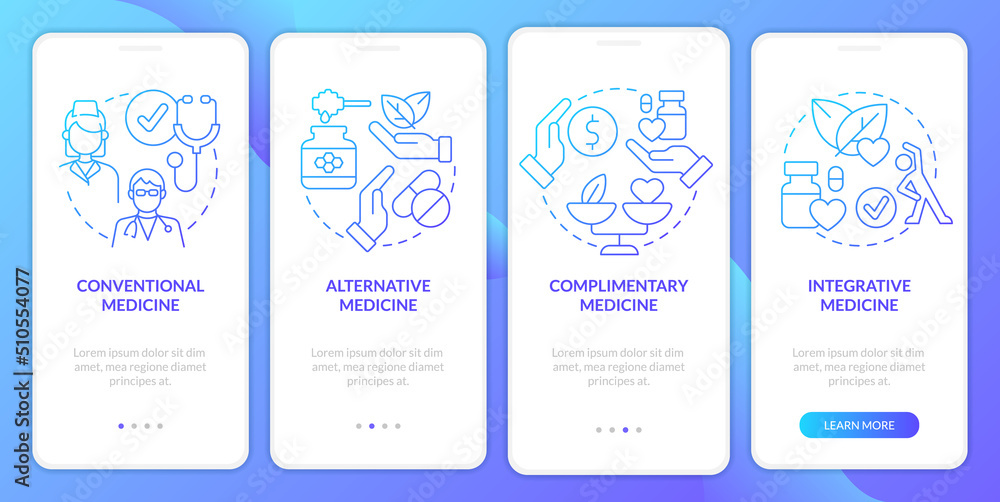 Non-mainstream healthcare approaches blue gradient onboarding mobile app screen. Walkthrough 4 steps graphic instruction with linear concepts. UI, UX, GUI template. Myriad Pro-Bold, Regular fonts used
