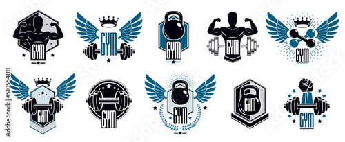 Gym fitness sport emblems and logos vector set isolated with barbells dumbbells kettlebells and muscle body man silhouettes and hands, athletics workout sport club, active lifestyle.