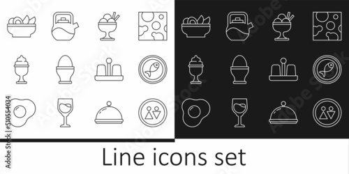 Set line Toilet, Served fish on a plate, Ice cream in bowl, Chicken egg stand, Nachos, Salt pepper and Kettle with handle icon. Vector