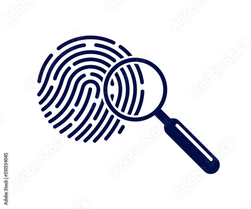 Finger print with magnifying glass vector simple logo or icon, incognito man concept, unidentified person, people search, biometric identification.