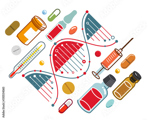 DNA strand based medical theme composition with lots of different drugs and meds vector illustration isolated, drugstore or medical biotechnology scientific research.