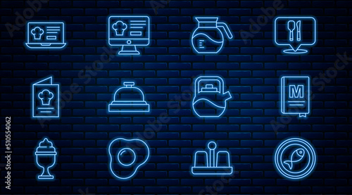 Set line Served fish on a plate, Restaurant cafe menu, Coffee pot, Hotel service bell, Cookbook, Online ordering and delivery, Kettle with handle and icon. Vector