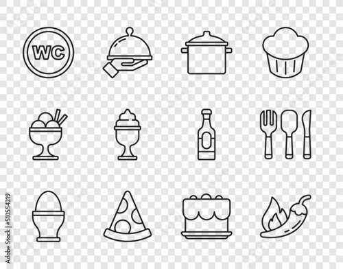 Set line Chicken egg on stand, Hot chili pepper pod, Cooking pot, Slice of pizza, Toilet, Ice cream bowl, Cake and Fork, spoon knife icon. Vector