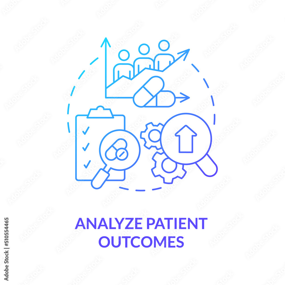 Analyze patient outcomes blue gradient concept icon. Improving quality of healthcare abstract idea thin line illustration. Medical treatment impact. Isolated outline drawing. Myriad Pro-Bold font used Analyze patient outcomes blue gradient concept icon. Improving quality of healthcare abstract idea thin line illustration. Medical treatment impact. Isolated outline drawing. Myriad Pro-Bold font used