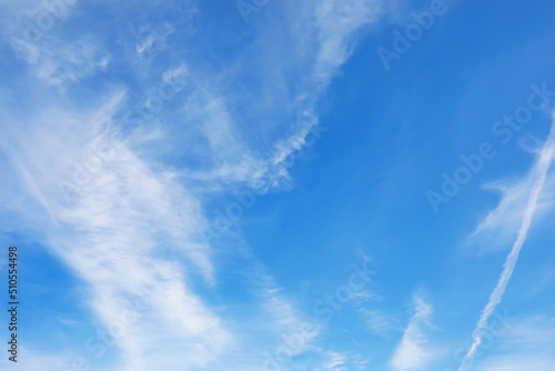 High clouds in the summer sky. Sky background. Meteorological observations of the sky.