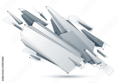 Low poly abstract form isolated on white, vector future shape design polygonal art, dimensional geometric dynamic tech theme, with mesh lines.