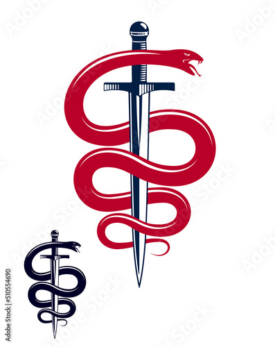 Snake and Dagger, Serpent wraps around a sword vector vintage tattoo, Roman god Mercury, luck and trickery, allegorical logo or emblem of ancient symbol.
