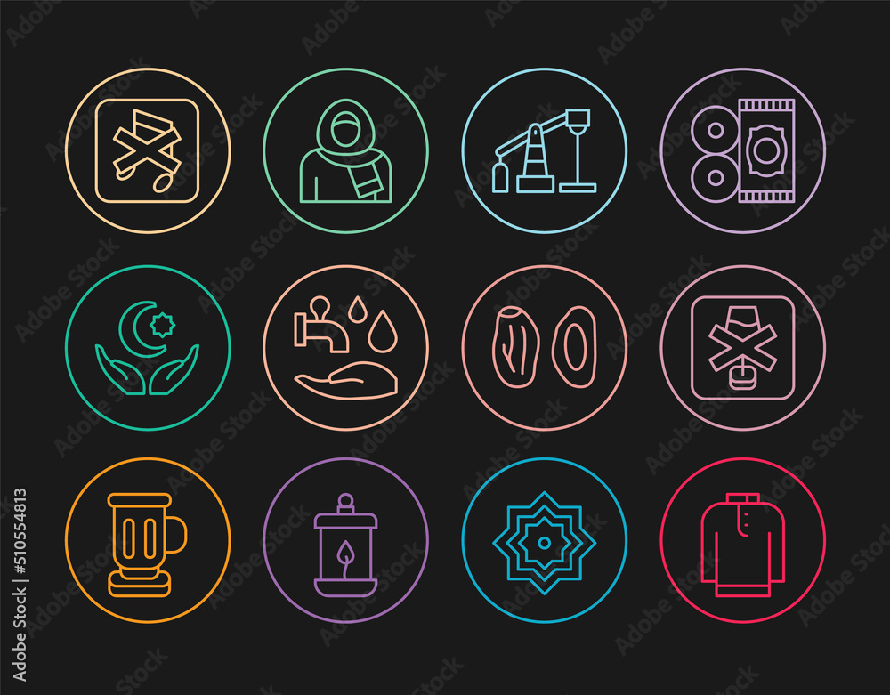 Set line Shirt kurta, No alcohol, Oil pump or pump jack, Wudhu, Star and crescent, Speaker mute, Date fruit and Muslim woman in hijab icon. Vector Set line Shirt kurta, No alcohol, Oil pump or pump jack, Wudhu, Star and crescent, Speaker mute, Date fruit and Muslim woman in hijab icon. Vector