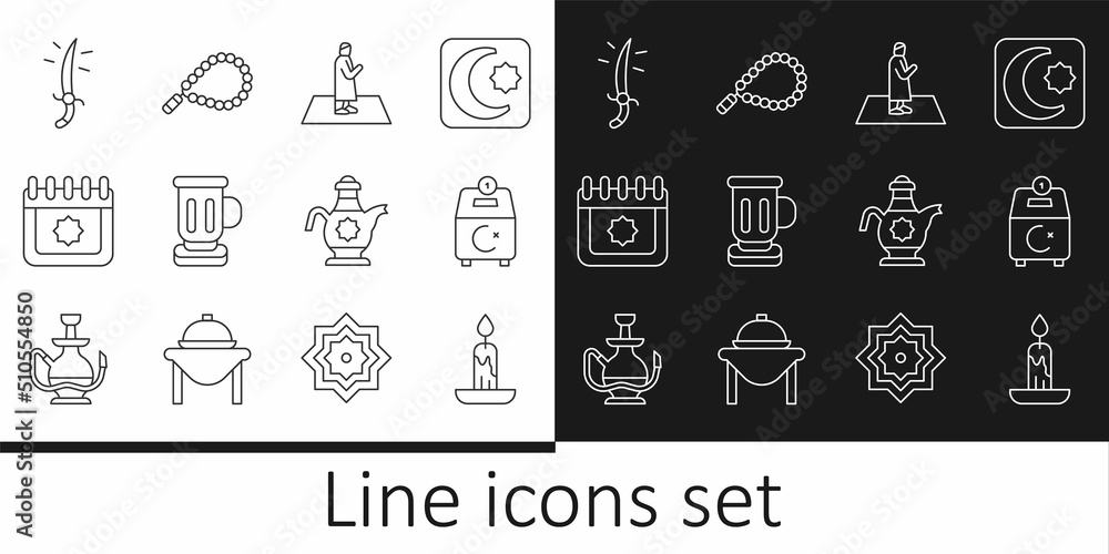Set line Burning candle, Donate or pay your zakat, Muslim man prays, Medieval goblet, Ramadan calendar, Arabian saber, Islamic teapot and Rosary beads religion icon. Vector