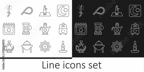 Set line Burning candle  Donate or pay your zakat  Muslim man prays  Medieval goblet  Ramadan calendar  Arabian saber  Islamic teapot and Rosary beads religion icon. Vector