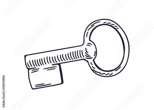 Abstract door key, engraved outlined drawing in vintage style. Etched contour...