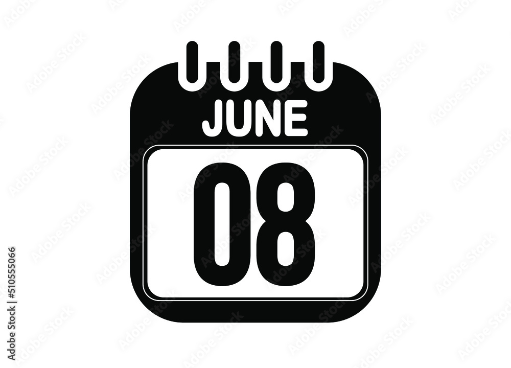June 8. Day 8 of June. Black and white calendar vector. Template for the days of june.