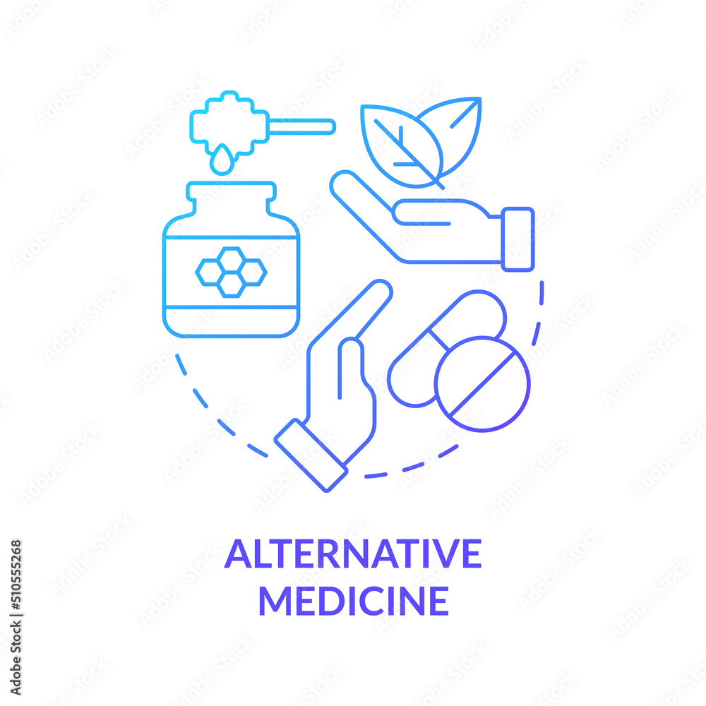 Alternative medicine blue gradient concept icon. Type of healthcare approach abstract idea thin line illustration. Treatment with medicinal herbs. Isolated outline drawing. Myriad Pro-Bold font used