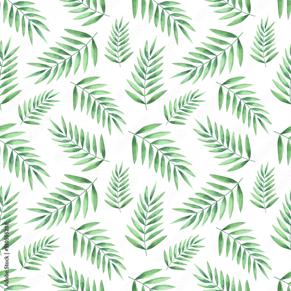 Watercolor seamless pattern of tropical palm leaves. Green branches and leaves of tropical plants. suitable for fabric, digital paper and scrapbooking