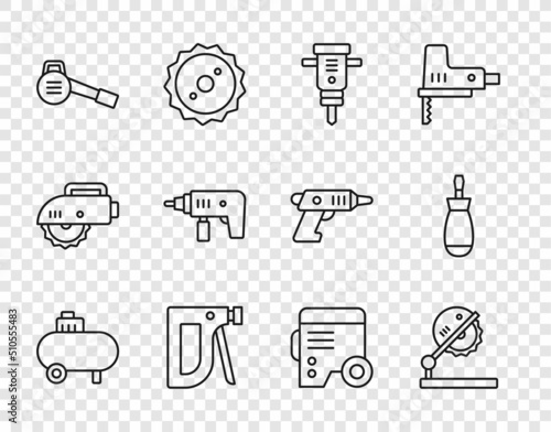 Set line Air compressor, Table saw for woodwork, Construction jackhammer, stapler, Leaf garden blower, Electric drill machine, Power electric generator and Screwdriver icon. Vector
