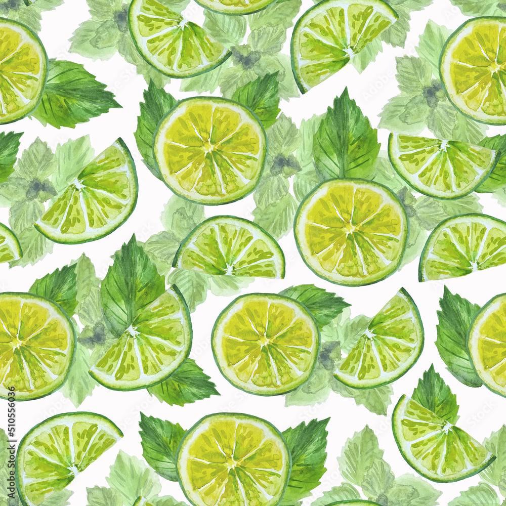 Watercolor hand drawn seamless pattern fresh green lime and mint for textile, phone cases, decoration