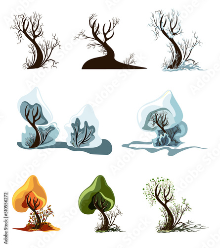 Vector set of stylized images of trees in different seasons. Cartoon style. Isolated on white background. EPS 10