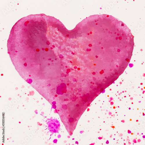 Watercolor painted pink heart, on the white watercolor paper.