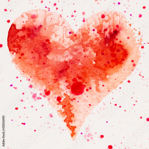 Watercolor painted pink heart, on the white watercolor paper.