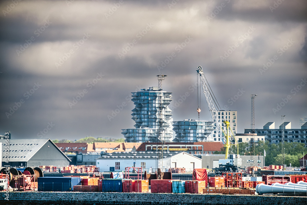 Esbjerg harbor water front with the cactus towers, Denmark