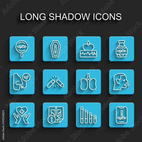 Set line Heart with cross, Disease lungs, No smoking, Smoking cigarette, Broken, Man coughing and Lungs icon. Vector