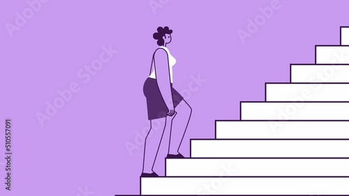 Purple Style Woman Flat Character Climbs Stairs Walking Cycle. Isolated Loop Animation with Alpha Channel