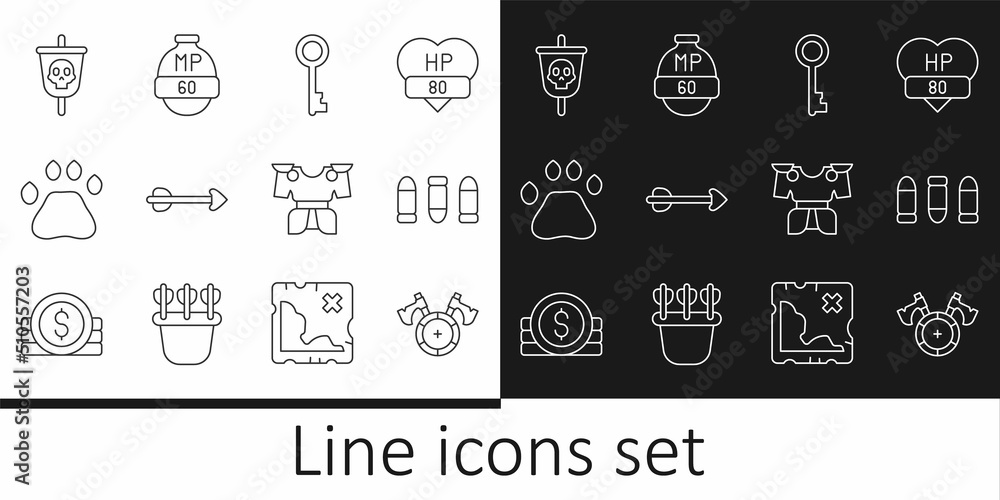 Set line Medieval shield with axe, Bullet, Old key, Arrow, Bear paw footprint, Pirate flag, Body armor and Video game bar icon. Vector Set line Medieval shield with axe, Bullet, Old key, Arrow, Bear paw footprint, Pirate flag, Body armor and Video game bar icon. Vector
