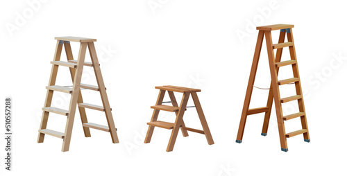 3d realistic vector icon illustration. Wooden ladder small, medium and big side view, isolated on white background.