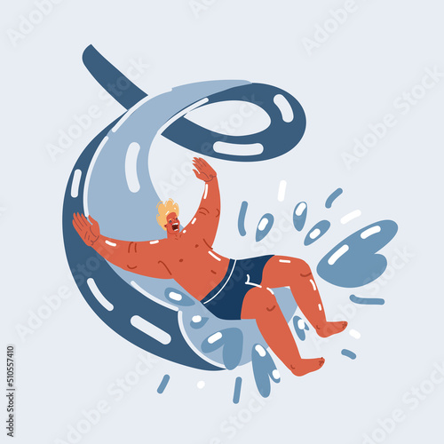 Vector illustration of Man slide down on water slide. Aquapark holiday concept