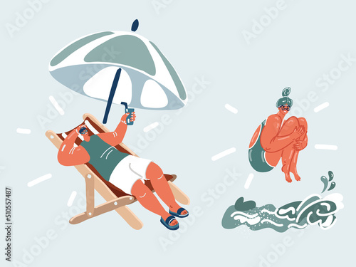 Vector illustration of people on seaside resort. Beach resort vacation. Woman goes to the water and a man goes to a chaise longue