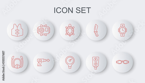 Set line Glasses for swimming, Diving mask with snorkel, Turtle, Gauge scale, Life jacket, Photo camera diver, Fishing harpoon and icon. Vector