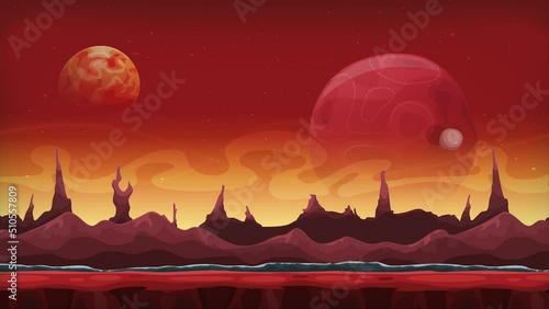 Seamless Animation Of Fantasy Alien Background/
4k looped animation of a cartoon funny sci-fi alien planet landscape background, with layers for parallax including weird mountains range, stars a photo