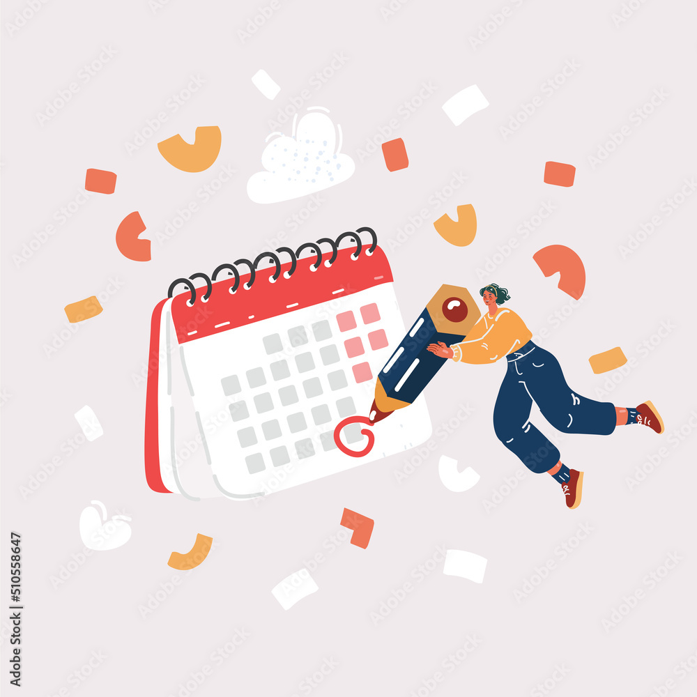 Vector illustration of woman marks the date in calendar with big pencil. menstruation, dating, fertility concept. Vector illustration of woman marks the date in calendar with big pencil. menstruation, dating, fertility concept.
