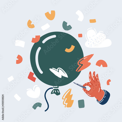 Vector illustration of green air balloon. Man hold needle directed to air balloon. Concept of risk