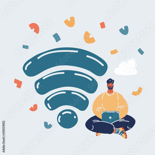 Vector illustration of man working at laptop nex to wifi zone sign