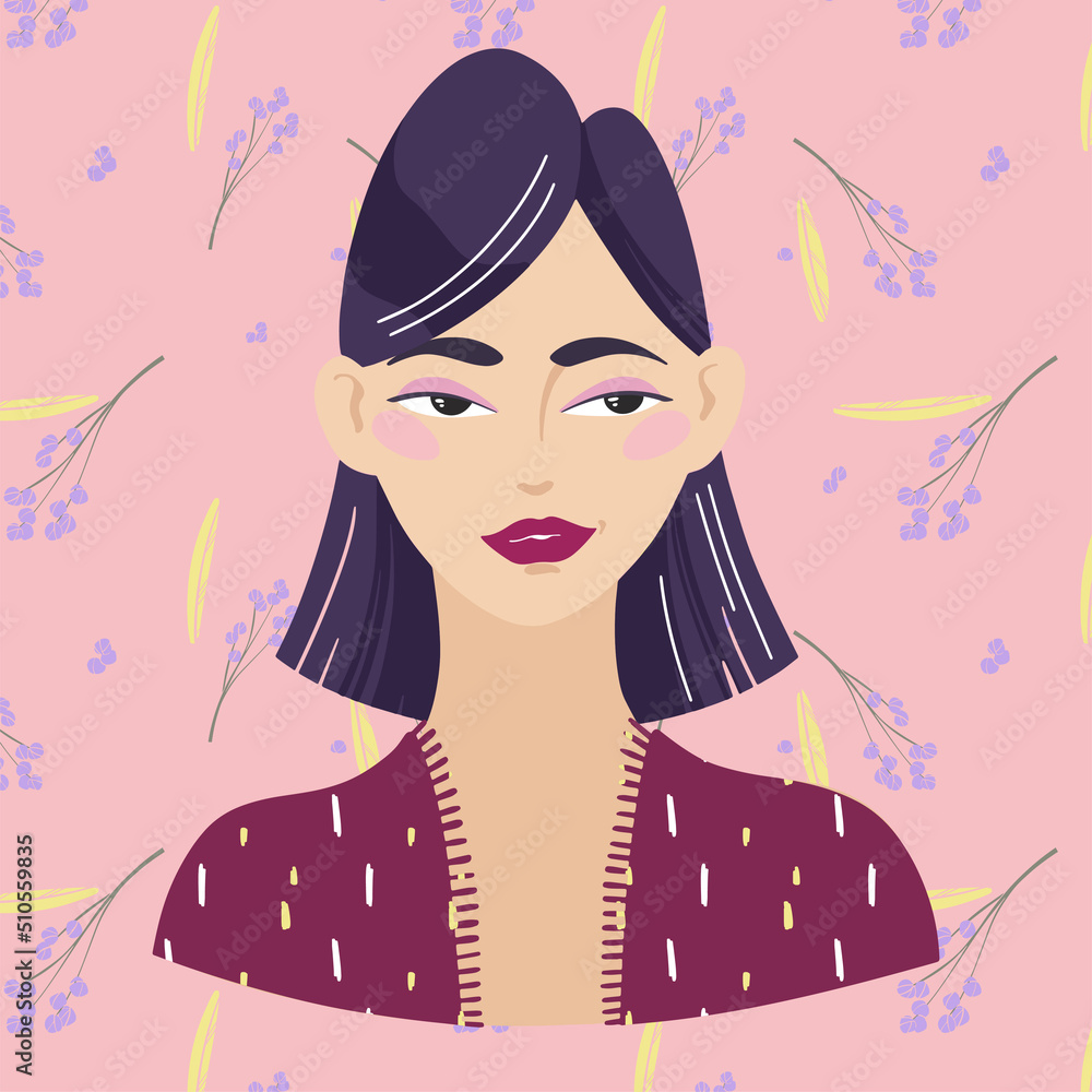 Beautiful Asian girl with a short haircut on a background of twigs. Avatar for social network. fashion illustration isolated on background.