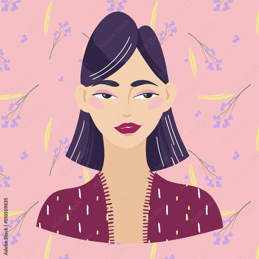 Beautiful Asian girl with a short haircut on a background of twigs. Avatar for social network. fashion illustration isolated on background. Beautiful Asian girl with a short haircut on a background of twigs. Avatar for social network. fashion illustration isolated on background.