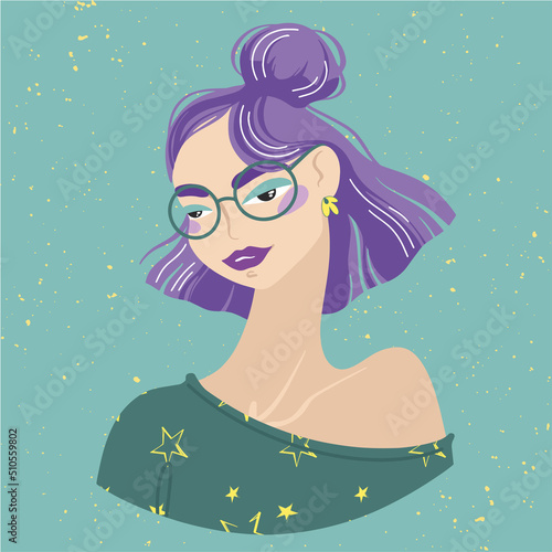 Beautiful girl with colored hair and round glasses. Avatar for social network. fashion illustration isolated on background.