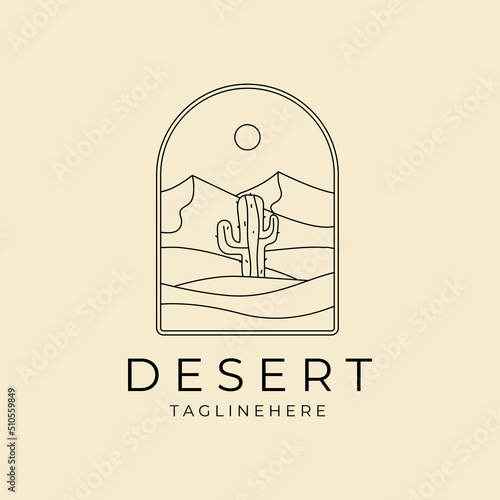 landscape desert with cactus badge logo line art vector icon symbol graphic design illustration