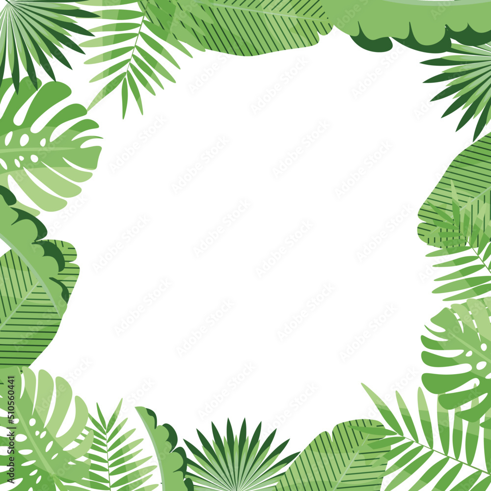 Vector square frame made of tropical leaves. Image on a white background. Summer template for printing.